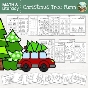 Christmas Tree Farm Kindergarten, Pre-K, Preschool Math and Literacy Worksheets | Beginning Sounds, Rhyming, Patterns, Counting Activities