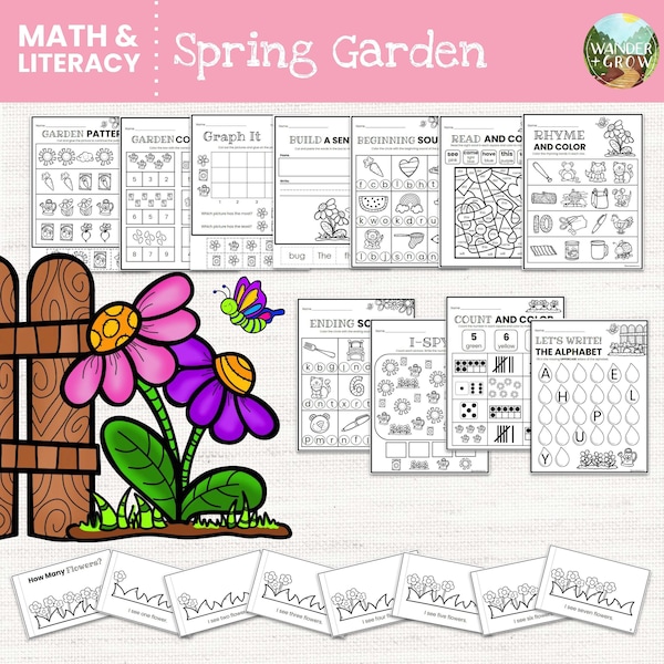 Spring Garden | Preschool, Pre-K and Kindergarten Math and Literacy Worksheets | Beginning Sounds, Counting, Addition, Rhyming Words