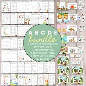 PACOTE: Letras A B C D E | Carta da Semana | Atividades escolares em casa | Sons de letras, caligrafia, coordenação motora fina e reconhecimento de letras