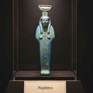 Peut inclure: Statuette de Nephthys bleu-vert exposée dans une vitrine. La statue égyptienne antique présente un visage détaillé, une coiffe et des inscriptions hiéroglyphiques. La figurine est présentée sur une base noire avec une plaque signalétique.