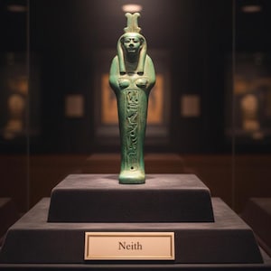 May include: A teal-colored statue of the Egyptian goddess Neith, displayed on a black pedestal. The statue features intricate carvings and is presented in a museum setting. The name "Neith" is displayed on a small plaque.