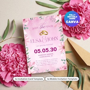 Pink Floral Save the Date Template: Elegant Wedding Invitation (Digital Download)