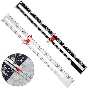 May include: Two sewing seam gauges, one black and one white, with red sliding markers. The gauges are marked with inch measurements up to 6 inches. A close-up shows the gauge measuring fabric.
