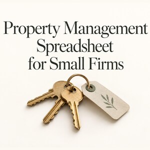 May include: Three brass-colored keys on a metal ring attached to a rectangular beige tag with a green leaf illustration. The text Property Management Spreadsheet for Small Firms is printed in black above the keys.