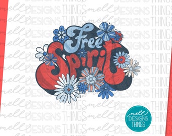 Free Spirit Blumengrafik | Rot Weiß Blau PNG, T-Shirt Design (Digitaler Download)