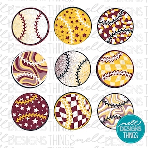 May include: Nine circular baseball designs. Each design features a baseball with unique patterns, including stars, checkered patterns, and abstract designs in shades of yellow, burgundy, and white. The designs are set against a white background.