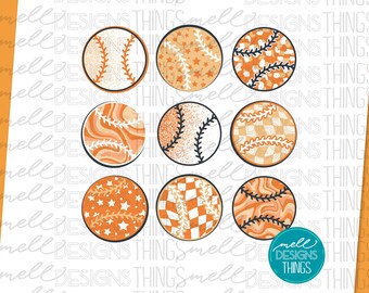 May include: Eight different baseball-themed designs with orange and white colors. The designs include stars, checkered patterns, and swirls.