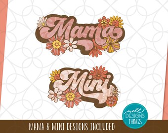 Mama & Mini Retro Flowers | PNG File, Sublimation Design, Digital Download, T-shirt Design