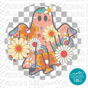 Disegno per maglietta retrò di Halloween con fantasma floreale in formato PNG (download digitale)