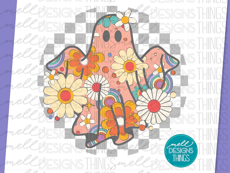 May include: A pink ghost with a retro 70s style floral pattern. The ghost is outlined in black and has a white face with two black eyes. The floral pattern is in shades of orange, yellow, pink, and blue.