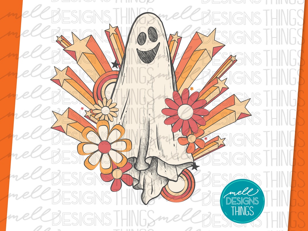 Retro Ghost Halloween PNG | Floral Stars Sublimation Design (digital ...
