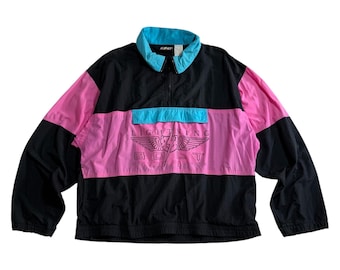 Vintage Lightning Bolt Colorblock Windbreaker Jacket Pink Black Teal Pullover