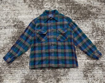 Camisa vintage de lã Pendleton dos anos 1950-60, azul, verde, xadrez, gola alta, fabricada nos EUA