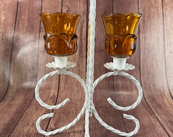 Vintage Amber Glass Double Candle Holder - White Wrought Iron Candelabra