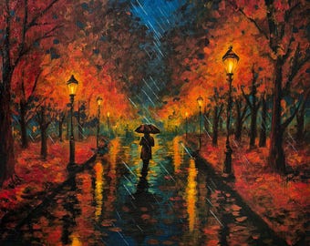 Peut inclure: Peinture à l'huile d'une scène automnale pluvieuse. Une personne avec un parapluie marche sur un chemin mouillé bordé d'arbres. Les arbres ont des feuilles orange et rouges, et des lampadaires illuminent le chemin. Le ciel est bleu foncé avec de la pluie.