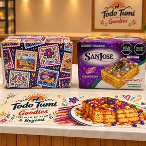 May include: Two rectangular boxes of San Jose turron and a flat promotional sheet featuring the Todo Tumi Goodies logo. The boxes display colorful Peruvian-themed stamp graphics and a picture of a layered nougat dessert topped with colorful candies.
