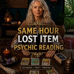 May include: An image of a psychic reading with a woman, tarot cards, and the text "SAME HOUR LOST ITEM PSYCHIC READING." The cards are laid out on a wooden table with a candle, crystals, and incense. The text also includes "ACCURATE • FAST • TRUSTED."