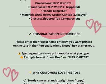May include: Text description of a zippered canvas tote bag. Dimensions are 18.5" W x 12" H, with a 9.5" W x 9" H zippered front pocket and an 8.5" handle drop. Made of 100% heavy cotton canvas. Includes personalization instructions and customer benefits.