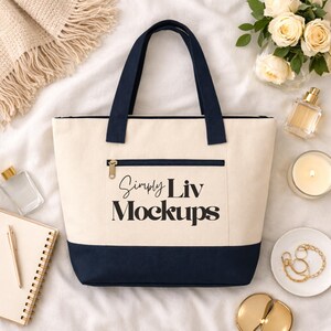 Zippered Canvas Tote Flat Lay Mockup Bag for Printify Q-Tees brand with Front Pocket • Natural & Navy Structured Work Tote Mockups