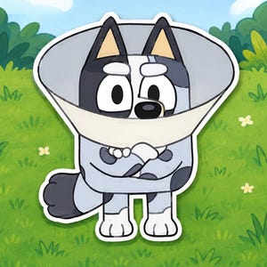 May include: A cartoon illustration of a blue and grey spotted dog character with a white muzzle and black ears, wearing a large, light-colored, cone-shaped medical collar around its neck, standing with its arms crossed in a grassy field.