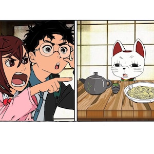 May include: A comic strip-style illustration featuring two panels. The left panel shows two people reacting with shock and pointing. The right panel depicts a cat-like character with a teapot, cup, and noodles on a table.