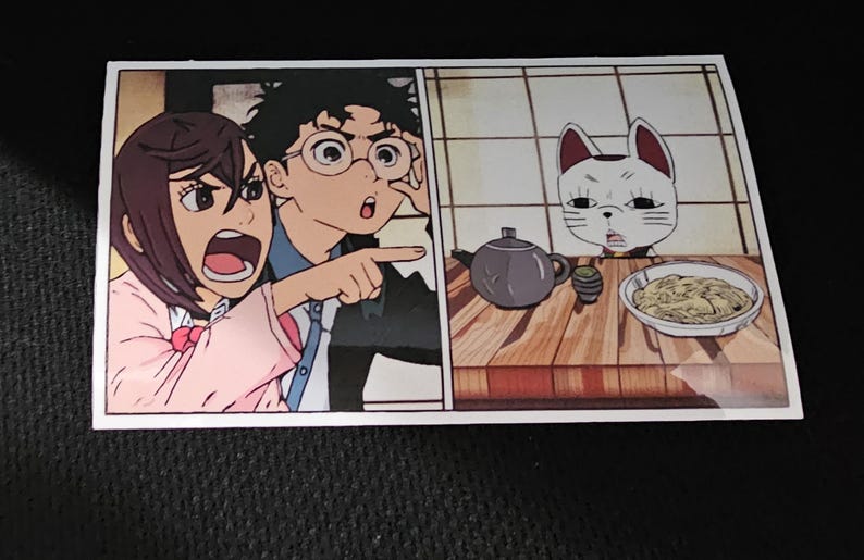 Dandadan Cat Meme Sticker: Turbo Granny, Momo, Okarun - Waterproof and UV Resistant 6 x 3.5 in. - Large