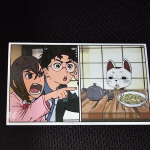 Dandadan Cat Meme Sticker: Turbo Granny, Momo, Okarun - Waterproof and UV Resistant 4.5 x 2.5 in. Medium