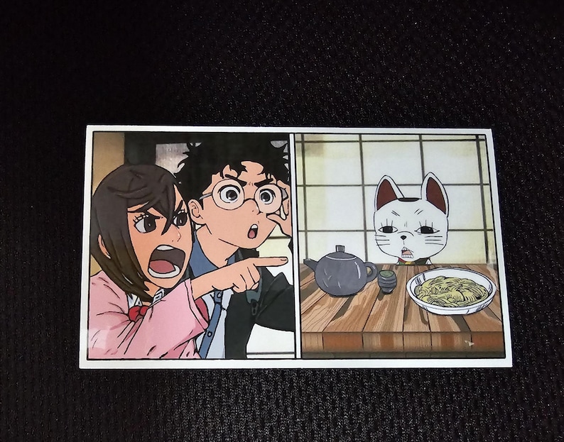 Dandadan Cat Meme Sticker: Turbo Granny, Momo, Okarun - Waterproof and UV Resistant 4.5 x 2.5 in. Medium