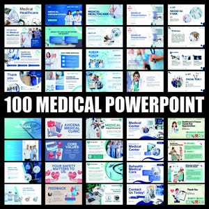 May include: A set of 100 medical PowerPoint presentation templates. The slides feature medical professionals, healthcare equipment, and text such as "Medical Healthcare", "Medical Presentation", and "Thank You". The overall colour scheme is blue and white.