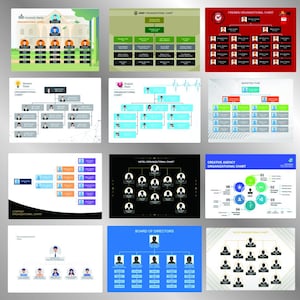 Könnte beinhalten: Eine Sammlung von Organigrammen, jeweils mit einem einzigartigen Design und Farbschema. Die Diagramme umfassen Layouts für Universitäten, Armee, Feuerwehr, Unternehmen, Krankenhäuser, Marketingteams, Unternehmen, Hotels, Kreativagenturen und Vorstände.
