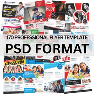 Könnte beinhalten: Eine Sammlung von 170 professionellen Flyer-Vorlagen im PSD-Format. Die Flyer zeigen verschiedene Themen, darunter Business, Fitness, Bildung und digitale Fotografie. Die Designs beinhalten Bilder, Text und Farbschemata.