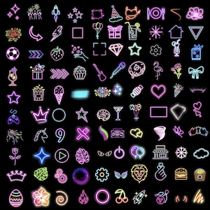 Puede incluir: Una colección de iconos de estilo neón en varias formas y diseños, incluyendo estrellas, corazones, alimentos y símbolos. Los iconos están delineados en colores brillantes como rosa, azul y amarillo sobre un fondo negro.