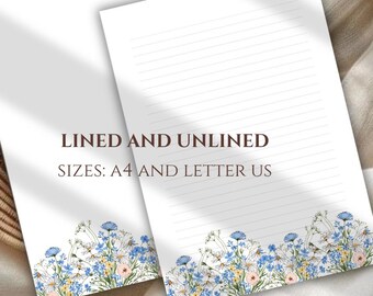 Papier à lettres bleu à motifs floraux, imprimable, format A4 et US | Papier à lettres