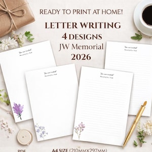 Papel para Cartas do Memorial JW 2026, Imprimível, Convite, Papelaria com Linhas e Sem Linhas, Floral - PDF