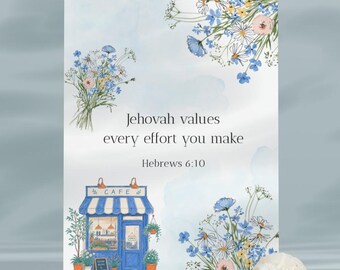Carte de vœux aquarelle bleue à motifs floraux, Hébreux 6:10, verset biblique - 5x7 - PDF - PNG - Téléchargement JW