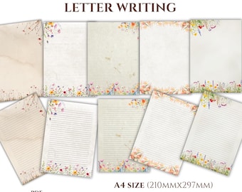 Kit d'écriture de lettres aux fleurs sauvages, style vintage, lignes et pages blanches | Ensemble de papeterie imprimable pour journal créatif numérique