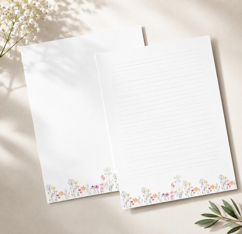 K&ouml;nnte beinhalten: Zwei Blatt wei&szlig;es Briefpapier mit einer zarten Aquarellillustration von Wildblumen in Rosa-, Gelb- und Gr&uuml;nt&ouml;nen am unteren Rand. Ein Blatt ist unbeschrieben, w&auml;hrend das andere feine, horizontale graue Linien zum Schreiben aufweist.