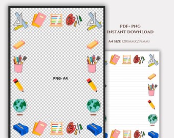 Fournitures scolaires - Bordure - Papier à lettres imprimable - Format PDF, PNG, A4 - Salle de classe