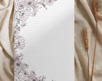 Ensemble de papeterie - Papier à lettres violet à motifs floraux JW | Ligné ou non ligné - PDF imprimable