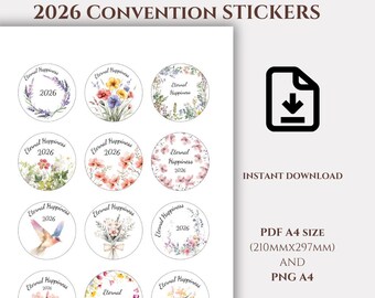 Autocollants pour la convention JW 2026 | Bonheur éternel - Ensemble PNG et PDF floral (Téléchargement instantané)