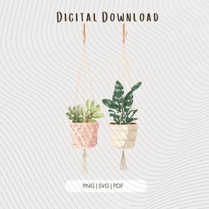 Puede incluir: Ilustración de descarga digital de dos macetas colgantes con plantas. Una maceta es rosa y macramé, la otra es blanca. Las plantas son verdes y frondosas. El texto "DIGITAL DOWNLOAD" está en la parte superior.