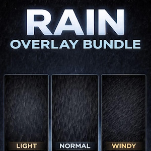 May include: A digital graphic promoting a rain overlay bundle. The title "RAIN OVERLAY BUNDLE" is in white, with three panels showing light, normal, and windy rain effects. The text "SEAMLESS LOOP 1920x1080HD" is at the bottom.