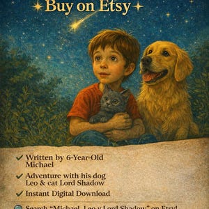 May include: An illustrated children's book cover with a boy holding a gray kitten, a golden retriever, and text that reads "Bilingual Illustrated Children's Book! Buy on Etsy." The book is written by a 6-year-old and features a dog and cat.
