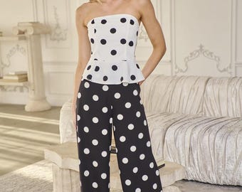 Randal Polka Dot Peplum Strapless Set