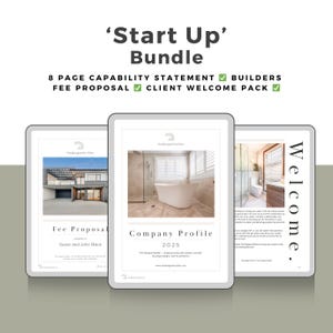 May include: A digital marketing bundle titled 'Start Up' with the text '8 PAGE CAPABILITY STATEMENT, FEE PROPOSAL, CLIENT WELCOME PACK'. The bundle includes three tablets displaying documents with architectural images and text.