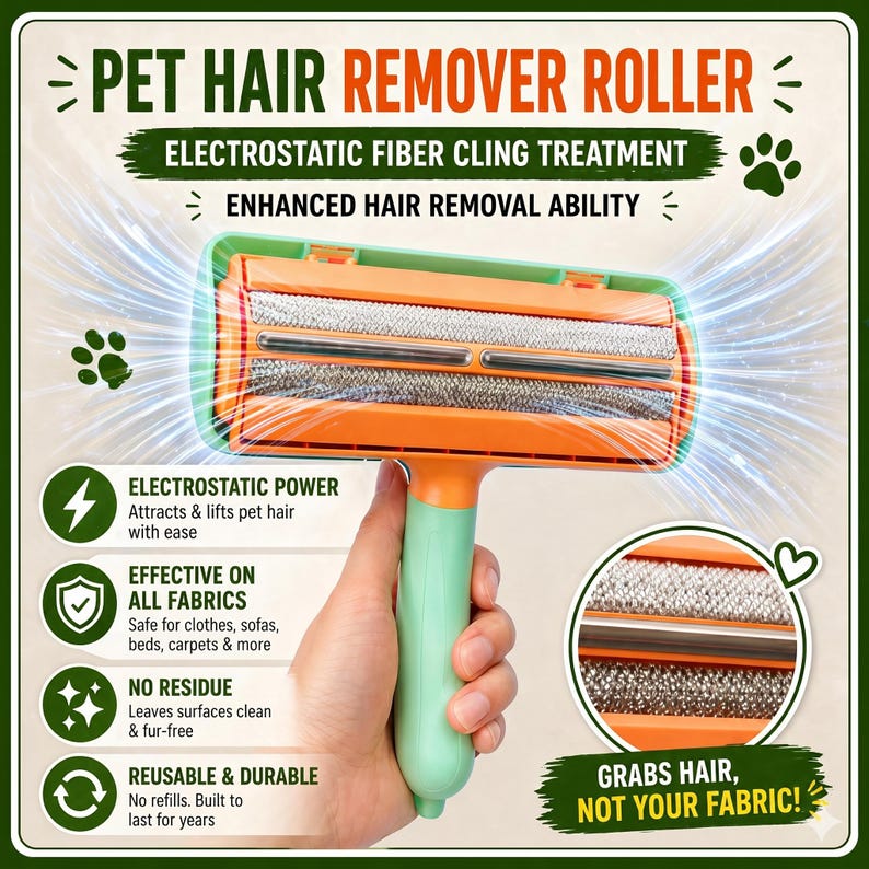 May include: An orange and green pet hair remover roller with the text "Pet Hair Remover Roller" and "Electrostatic Fiber Cling Treatment". The roller is designed to remove pet hair from clothes, sofas, beds, and carpets.