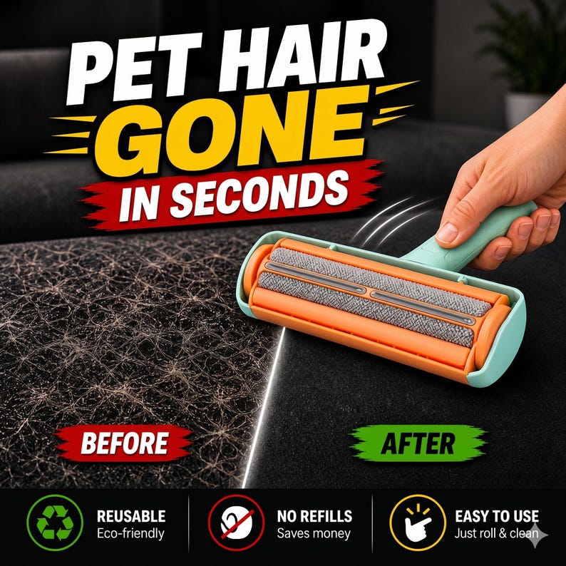 May include: An orange and teal pet hair remover roller with the text "PET HAIR GONE IN SECONDS". The image shows the roller cleaning a dark surface covered in pet hair. The text "BEFORE" and "AFTER" are also visible.