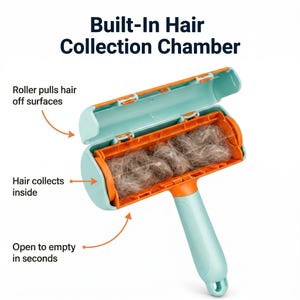 May include: A teal and orange pet hair remover with the text "Built-In Hair Collection Chamber". The roller pulls hair off surfaces, collecting it inside. The chamber opens to empty in seconds.