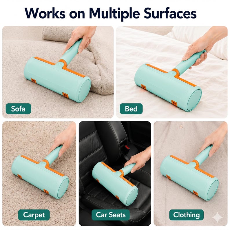 May include: A teal and orange pet hair remover roller being used on a sofa, bed, carpet, car seats, and clothing. The text "Works on Multiple Surfaces" is at the top of the image. The roller has a handle and a cylindrical body.