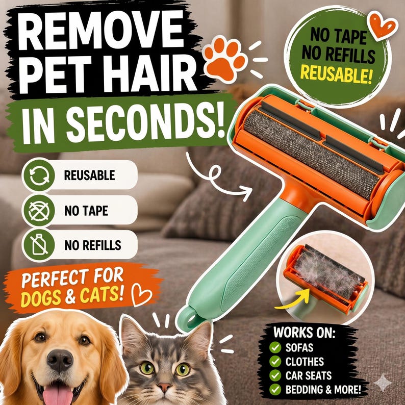 May include: An orange and green pet hair remover with a roller brush. The image includes text that says "REMOVE PET HAIR IN SECONDS!" and "REUSABLE!" The product is advertised for use on sofas, clothes, car seats, and bedding.